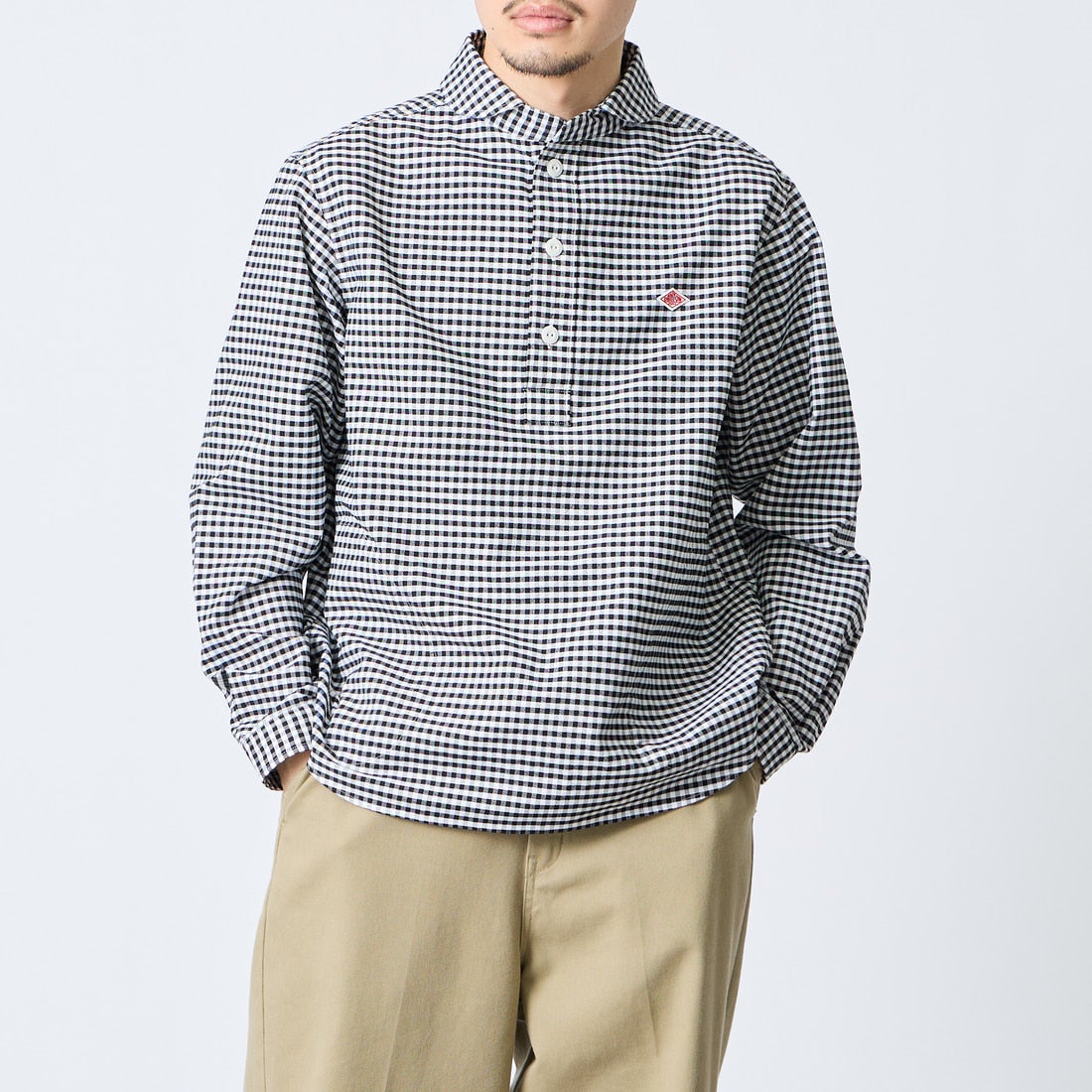 DANTON [ダントン] オックスフォード ラウンドカラーシャツ [DT-B0282OXP] BK/WH GNGM &&モデル身長：168cm 着用サイズ：38&&