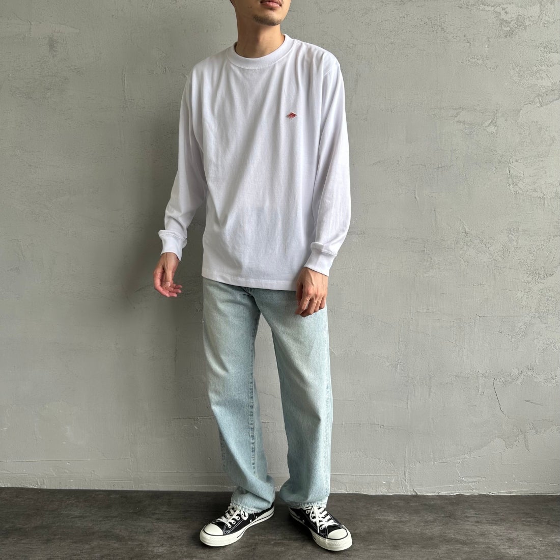 DANTON [ダントン] プレーン ロングスリーブTシャツ [DT-C0200TCB] WHITE&&モデル身長：168cm 着用サイズ：S&&