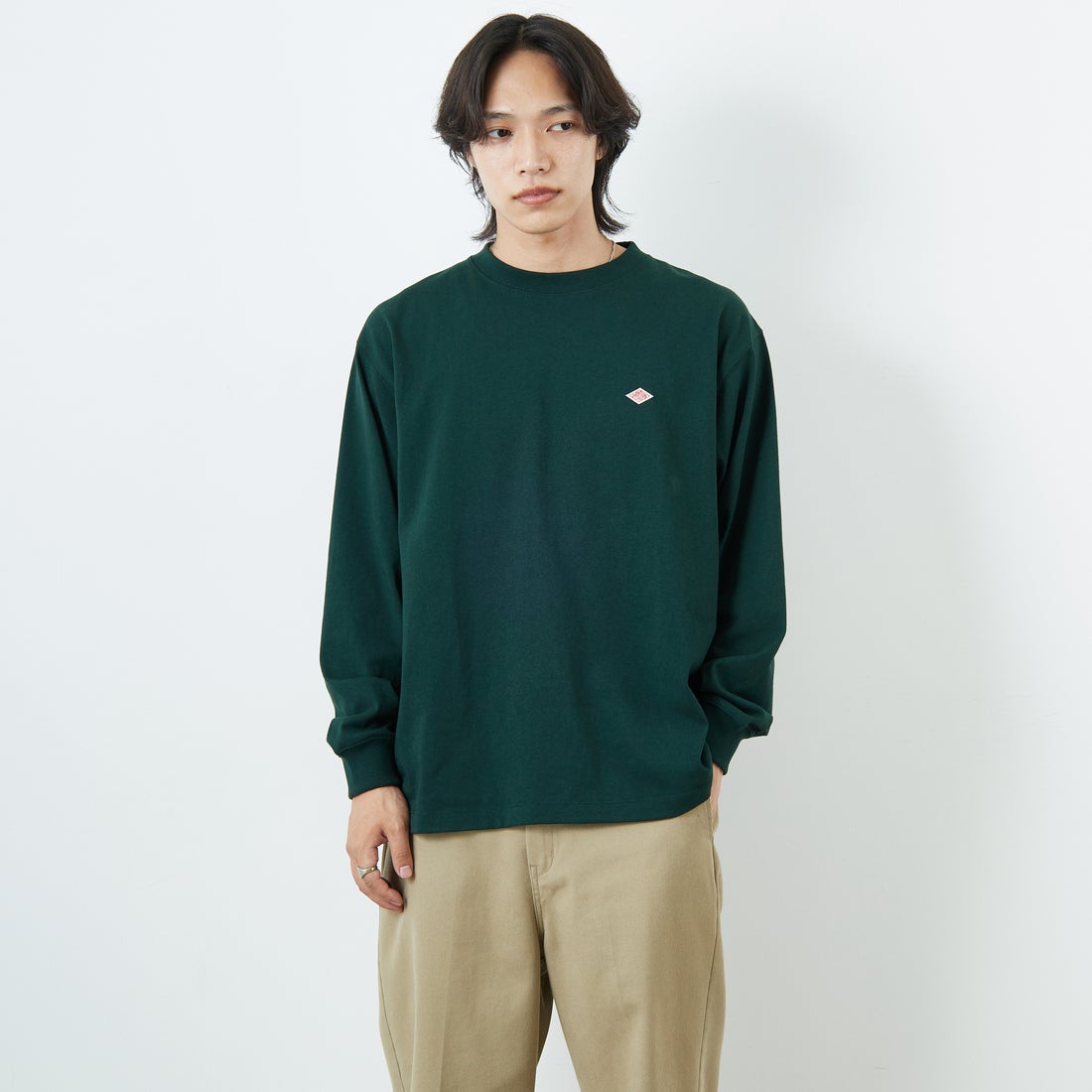 DANTON [ダントン] プレーン ロングスリーブTシャツ [DT-C0200TCB] DARK GREEN &&モデル身長：179cm 着用サイズ：L&&