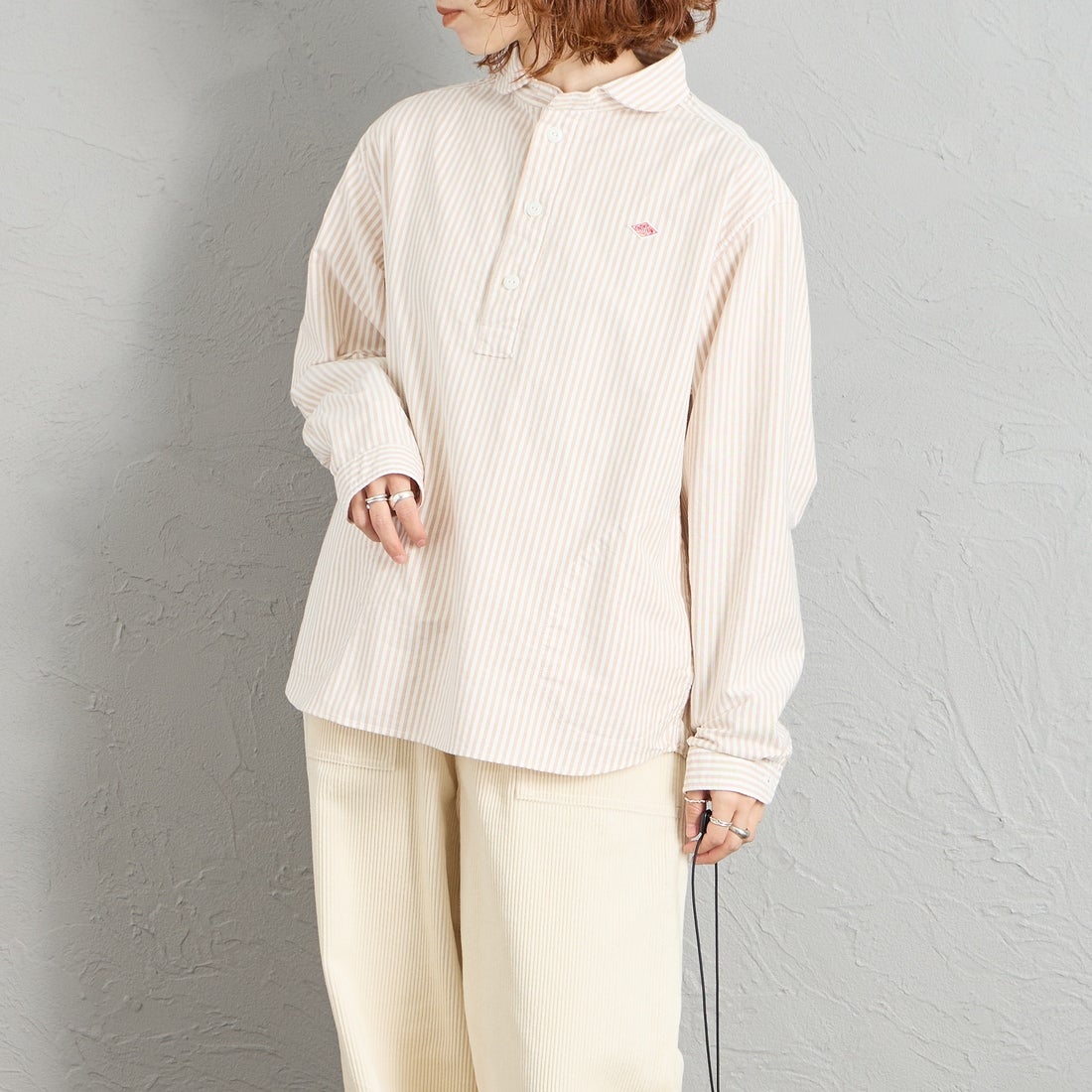 DANTON [ダントン] ラウンドカラー オックスフォードシャツ [DT-B0281OXP] BEG/WHT ST &&モデル身長：158cm 着用サイズ：38&&
