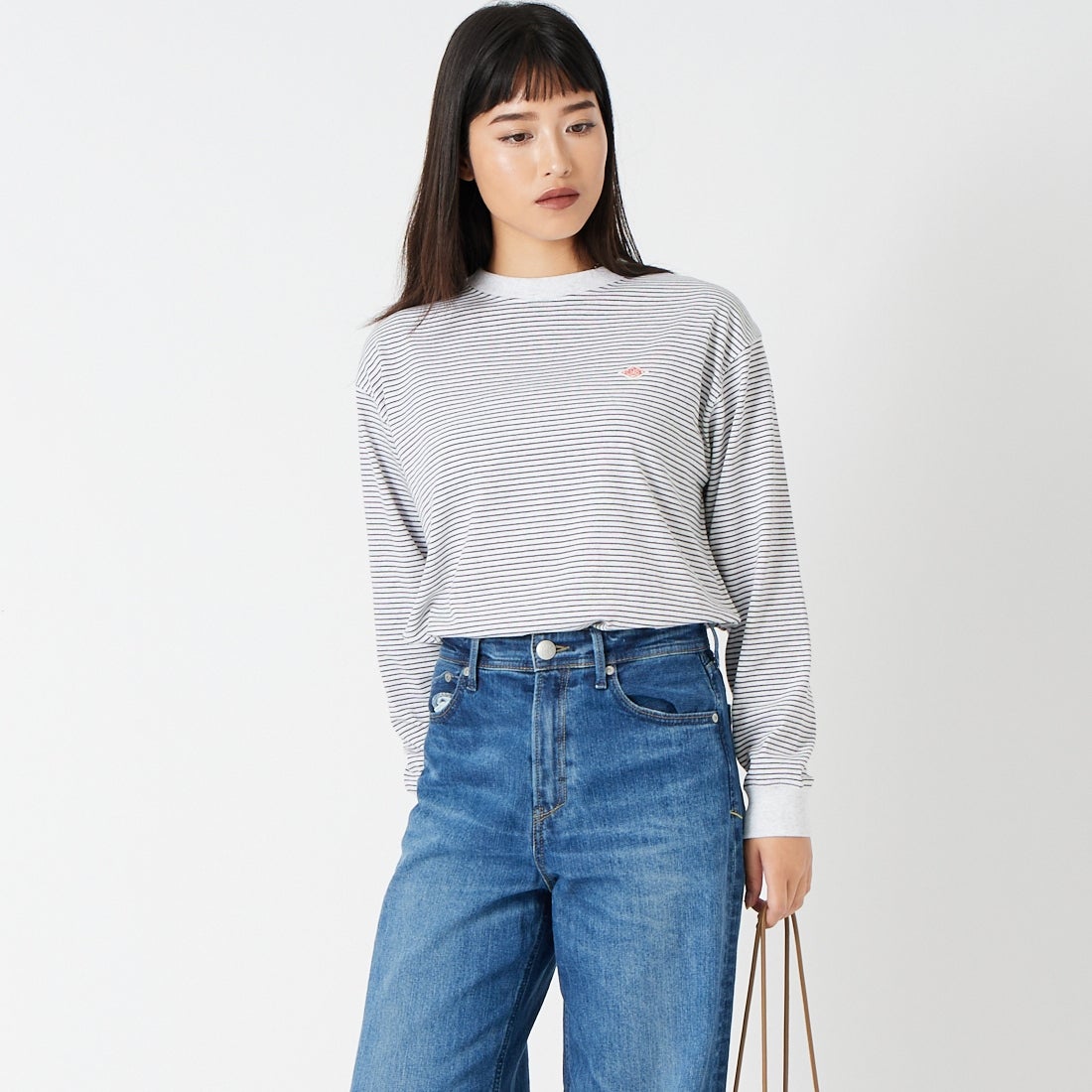 DANTON [ダントン] ボーダー ロングスリーブTシャツ [DT-C0269TCB] H.WH/CHARC &&モデル身長：162cm 着用サイズ：XS&&