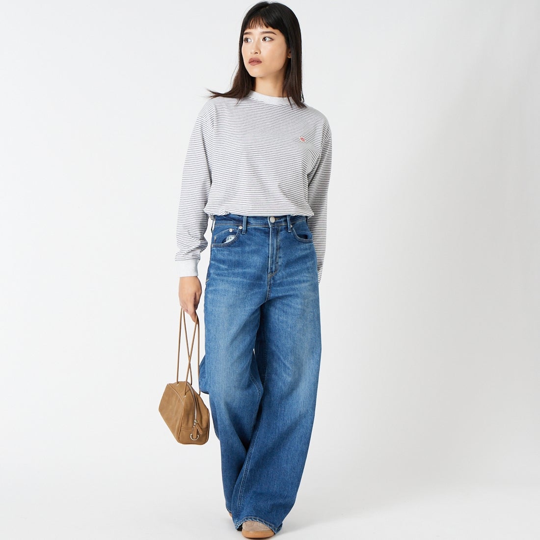 DANTON [ダントン] ボーダー ロングスリーブTシャツ [DT-C0269TCB] H.WH/CHARC &&モデル身長：162cm 着用サイズ：XS&&