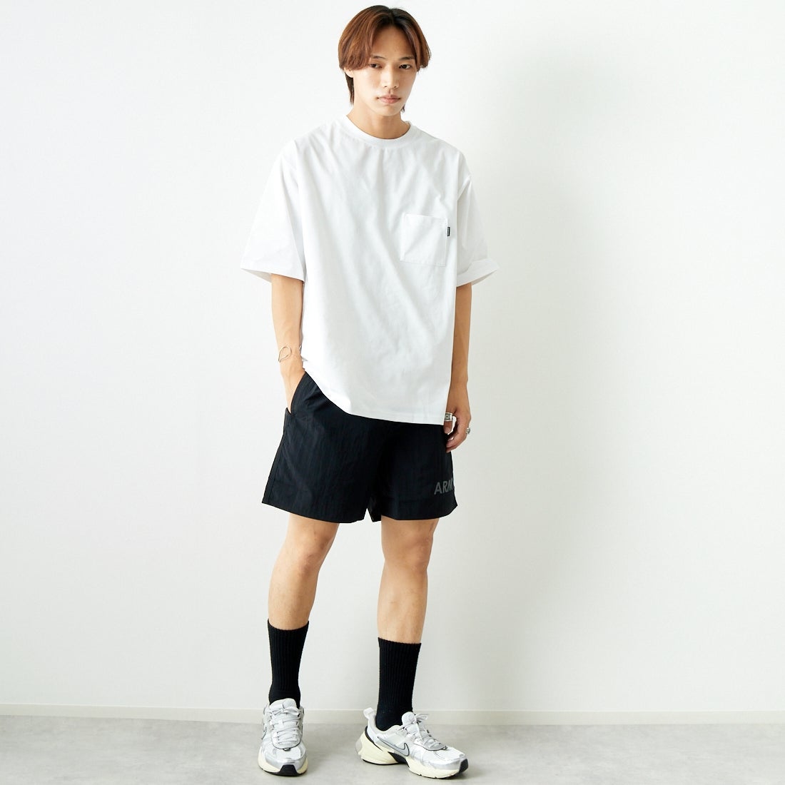 THRIFTY LOOK [スリフティールック] 別注 アーミーショーツ [NSV-505-JF] ﾌﾞﾗｯｸ &&モデル身長：179cm 着用サイズ：M&&