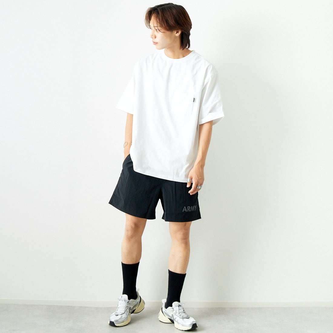 THRIFTY LOOK [スリフティールック] 別注 アーミーショーツ [NSV-505-JF] ﾌﾞﾗｯｸ &&モデル身長：179cm 着用サイズ：M&&