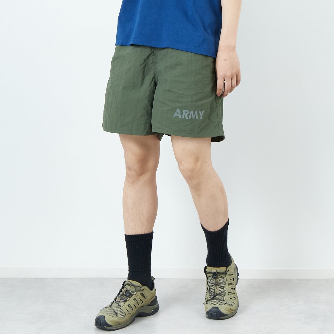 THRIFTY LOOK [スリフティールック] 別注 アーミーショーツ [NSV-505-JF] ｵﾘｰﾌﾞ &&モデル身長：179cm 着用サイズ：M&&