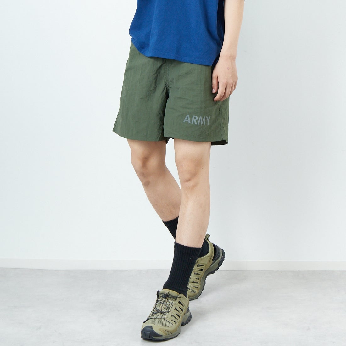 THRIFTY LOOK [スリフティールック] 別注 アーミーショーツ [NSV-505-JF] ｵﾘｰﾌﾞ &&モデル身長：179cm 着用サイズ：M&&