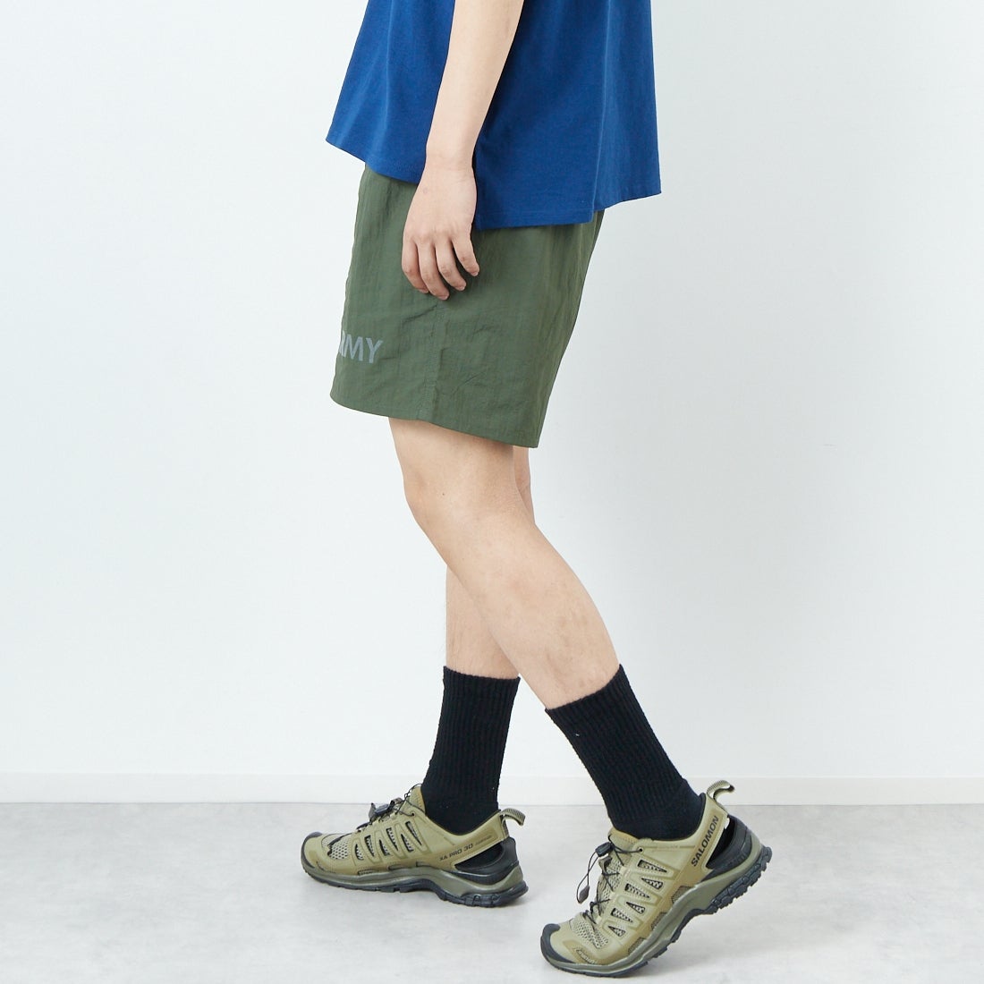 THRIFTY LOOK [スリフティールック] 別注 アーミーショーツ [NSV-505-JF] ｵﾘｰﾌﾞ &&モデル身長：179cm 着用サイズ：M&&