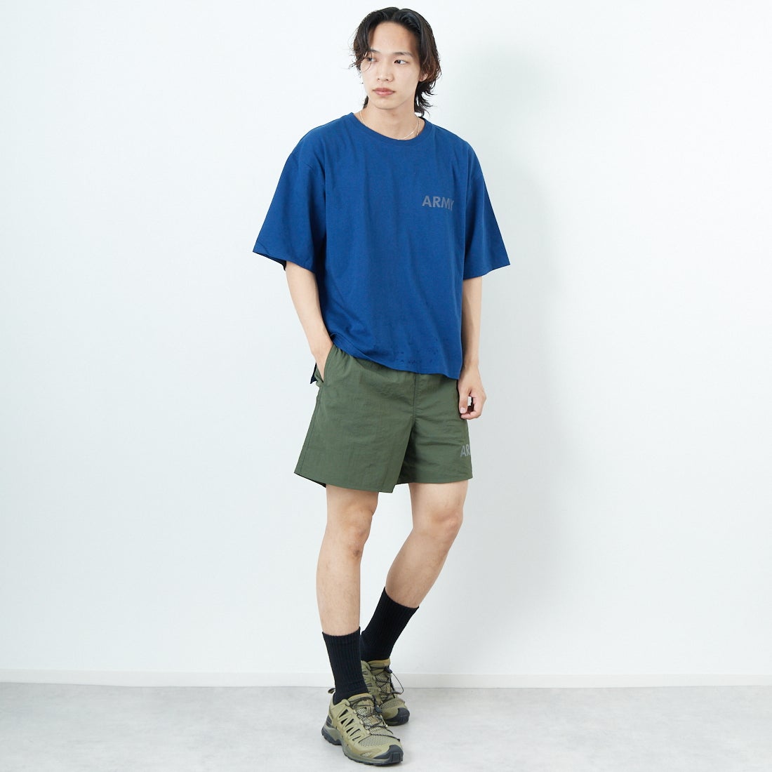 THRIFTY LOOK [スリフティールック] 別注 アーミーショーツ [NSV-505-JF] ｵﾘｰﾌﾞ &&モデル身長：179cm 着用サイズ：M&&