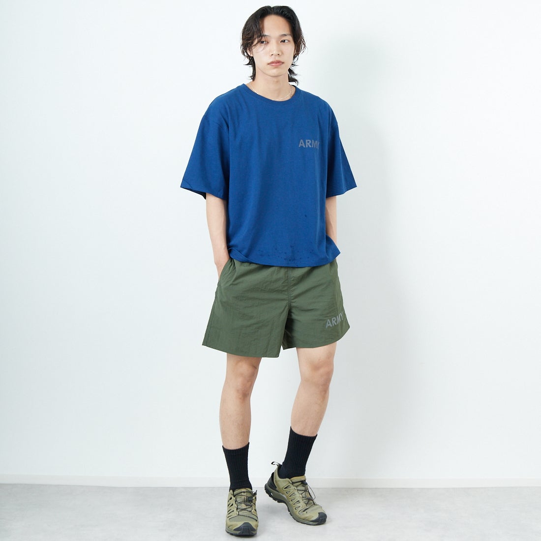THRIFTY LOOK [スリフティールック] 別注 アーミーショーツ [NSV-505-JF] ｵﾘｰﾌﾞ &&モデル身長：179cm 着用サイズ：M&&