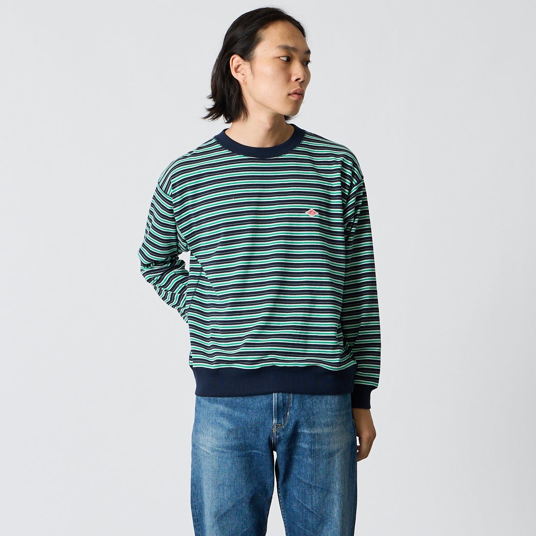 DANTON [ダントン] ストライプ スウェットTシャツ [DT-C0204TCB] D.NV/GN/GY &&モデル身長：175cm 着用サイズ：S&&