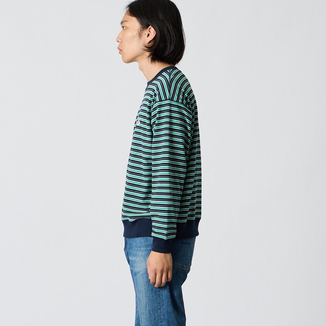 DANTON [ダントン] ストライプ スウェットTシャツ [DT-C0204TCB] D.NV/GN/GY &&モデル身長：175cm 着用サイズ：S&&