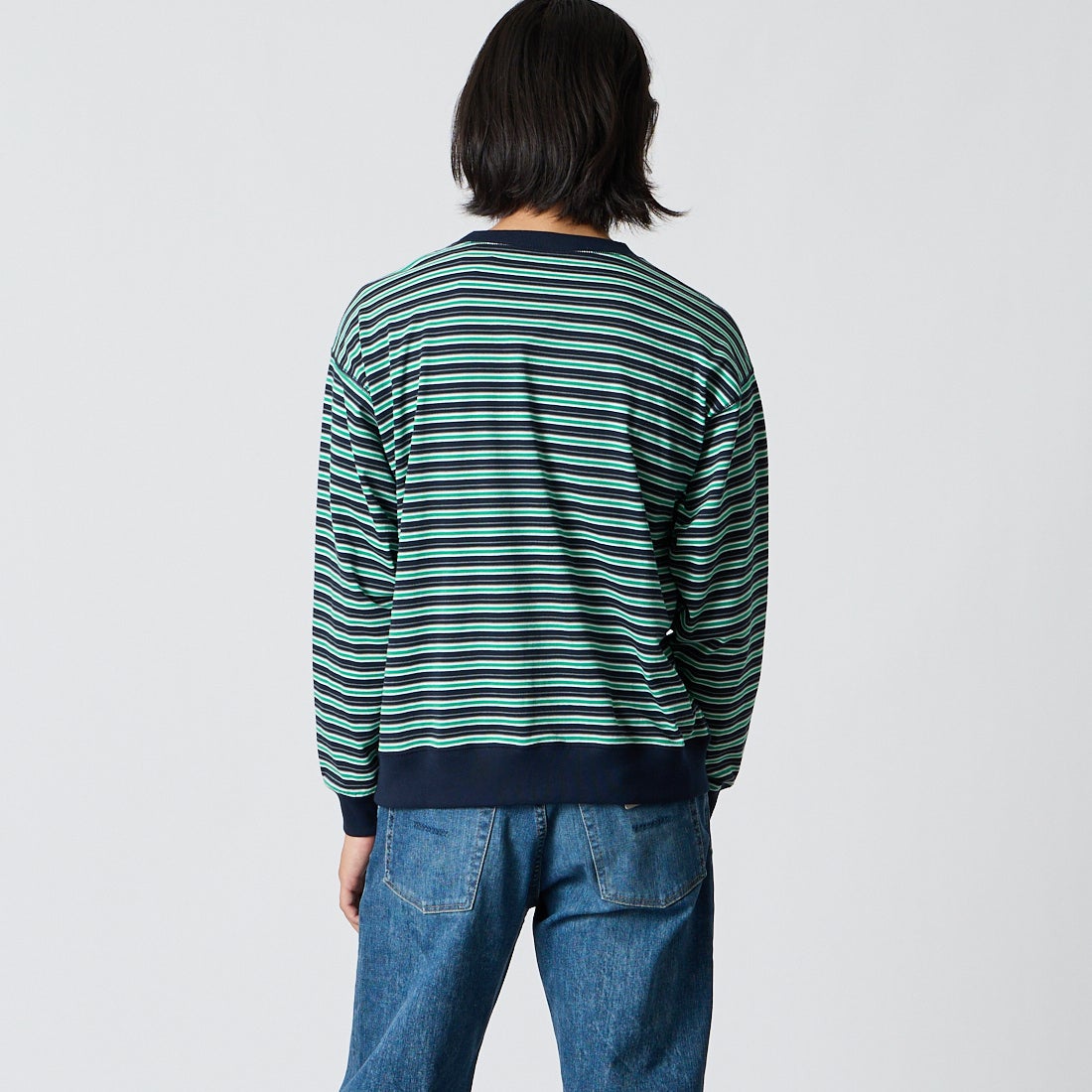 DANTON [ダントン] ストライプ スウェットTシャツ [DT-C0204TCB] D.NV/GN/GY &&モデル身長：175cm 着用サイズ：S&&