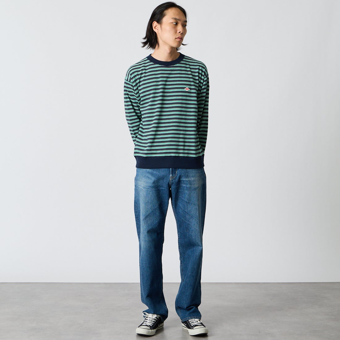 DANTON [ダントン] ストライプ スウェットTシャツ [DT-C0204TCB] D.NV/GN/GY &&モデル身長：175cm 着用サイズ：S&&