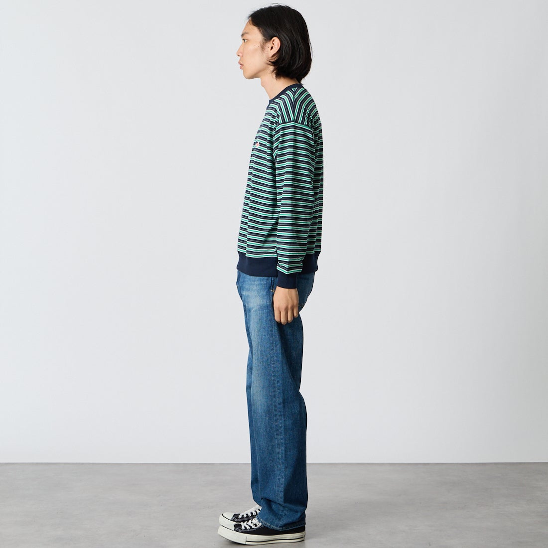 DANTON [ダントン] ストライプ スウェットTシャツ [DT-C0204TCB] D.NV/GN/GY &&モデル身長：175cm 着用サイズ：S&&
