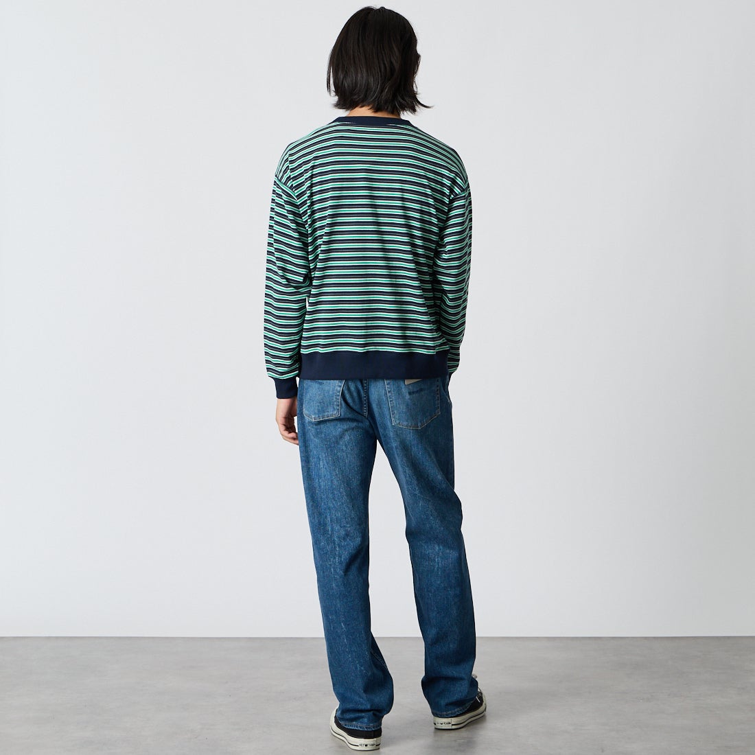 DANTON [ダントン] ストライプ スウェットTシャツ [DT-C0204TCB] D.NV/GN/GY &&モデル身長：175cm 着用サイズ：S&&