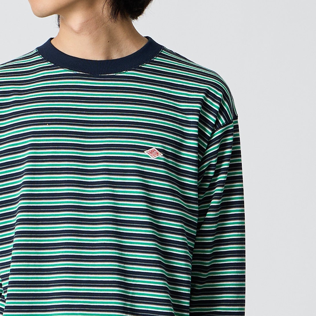 DANTON [ダントン] ストライプ スウェットTシャツ [DT-C0204TCB] D.NV/GN/GY &&モデル身長：175cm 着用サイズ：S&&