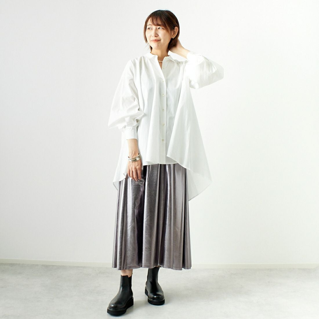 Jf Ready Made [ジェイエフレディメイド] メタリックフレアスカート [963-47841] 08 ｽﾁｰﾙ &&モデル身長：167cm 着用サイズ：F&&