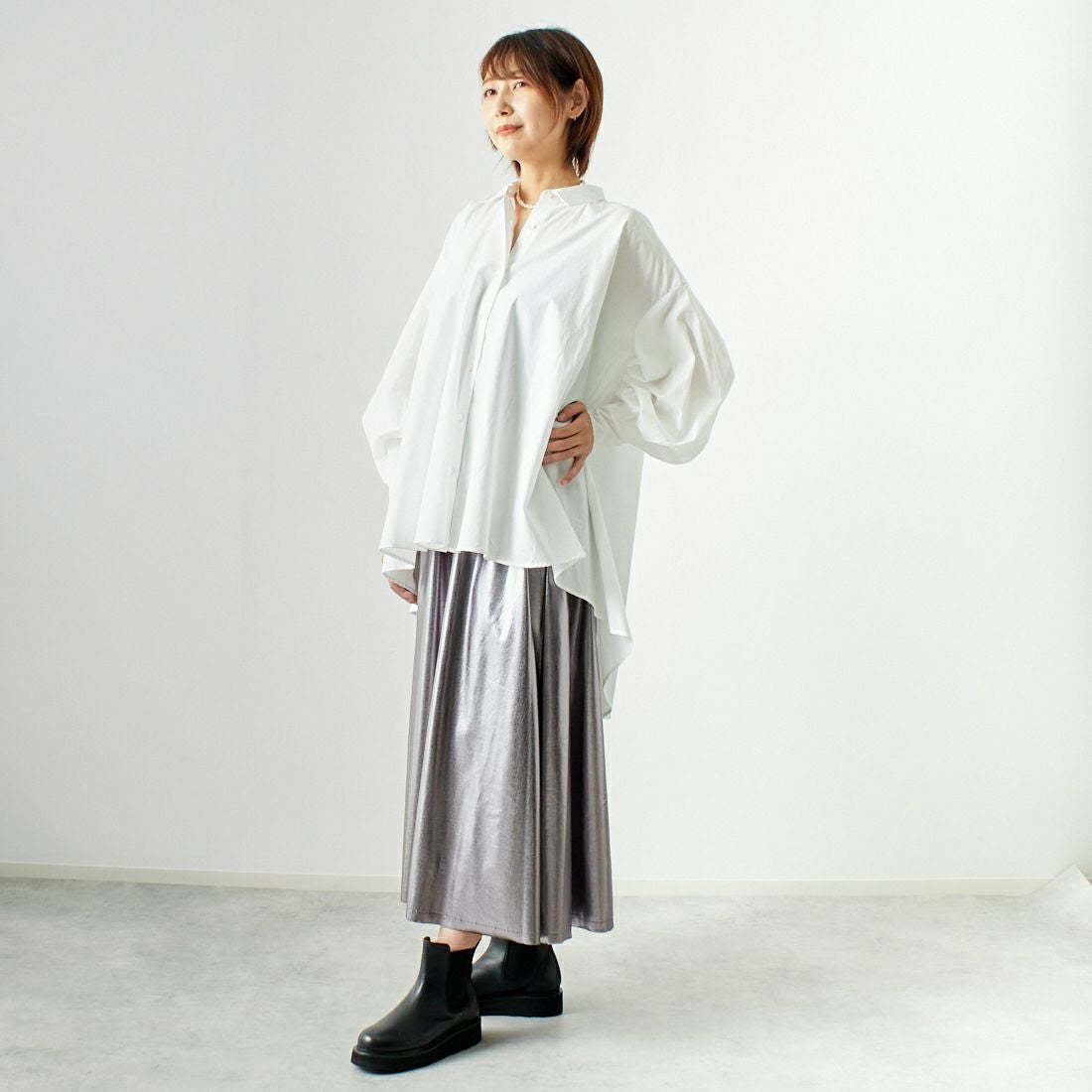 Jf Ready Made [ジェイエフレディメイド] メタリックフレアスカート [963-47841] 08 ｽﾁｰﾙ &&モデル身長：167cm 着用サイズ：F&&