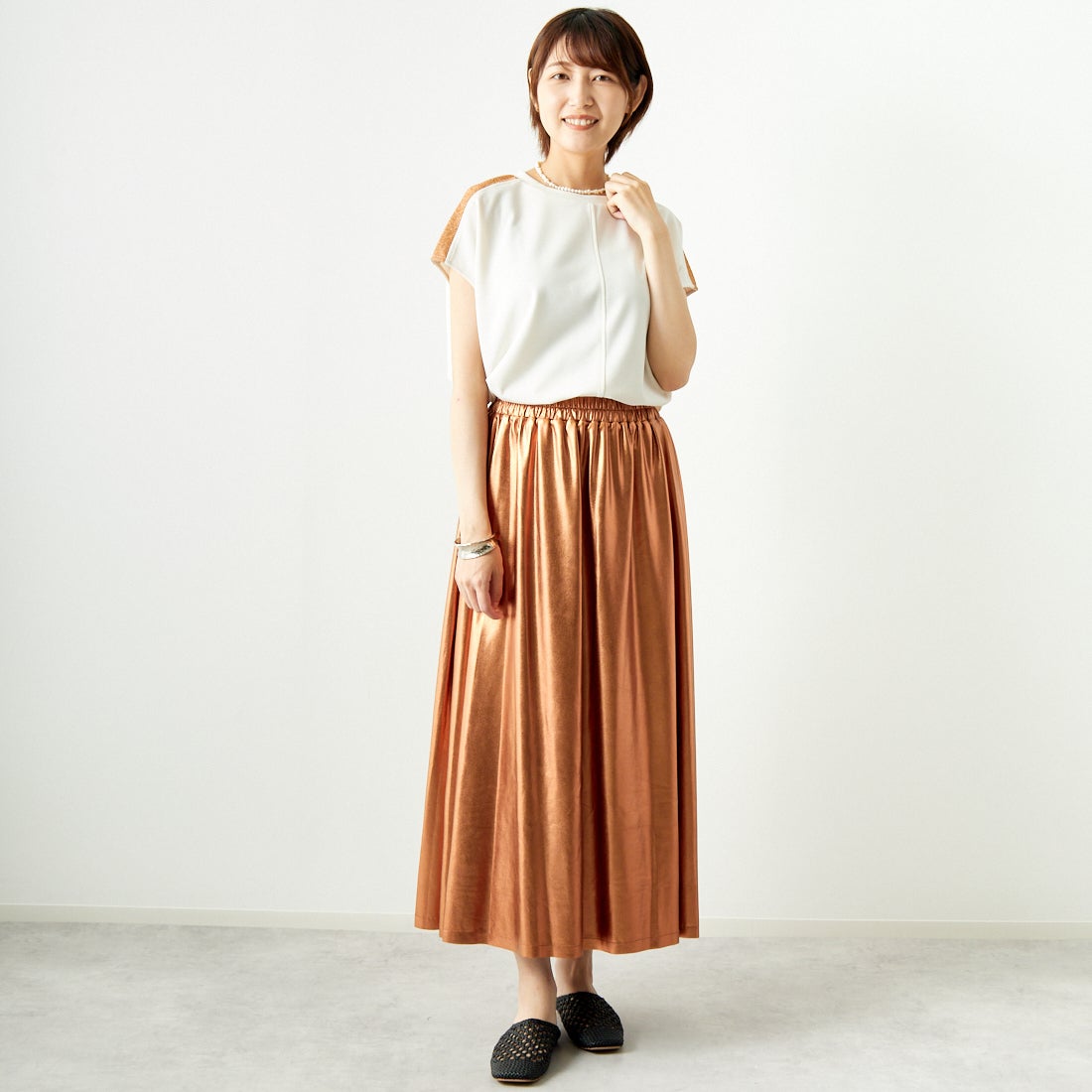 Jf Ready Made [ジェイエフレディメイド] メタリックフレアスカート [963-47841] 44 ﾌﾞﾛﾝｽﾞ &&モデル身長：167cm 着用サイズ：F&&