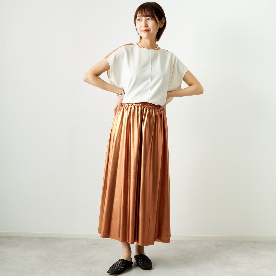 Jf Ready Made [ジェイエフレディメイド] メタリックフレアスカート [963-47841] 44 ﾌﾞﾛﾝｽﾞ &&モデル身長：167cm 着用サイズ：F&&