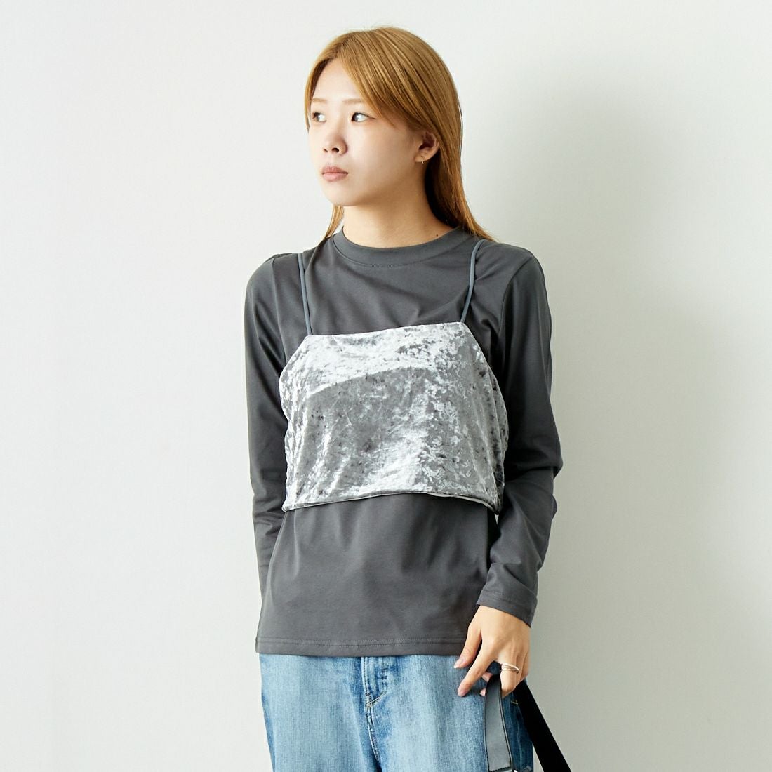 CLOCHE [クロシェ] ベロアビスチェ×カットソー [45285605] ﾁｬｺｰﾙ &&モデル身長：167cm 着用サイズ：2&&