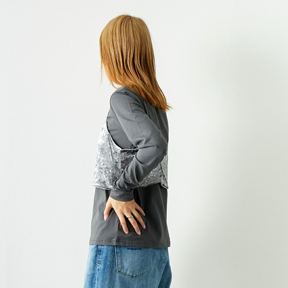 CLOCHE [クロシェ] ベロアビスチェ×カットソー [45285605] ﾁｬｺｰﾙ &&モデル身長：167cm 着用サイズ：2&&