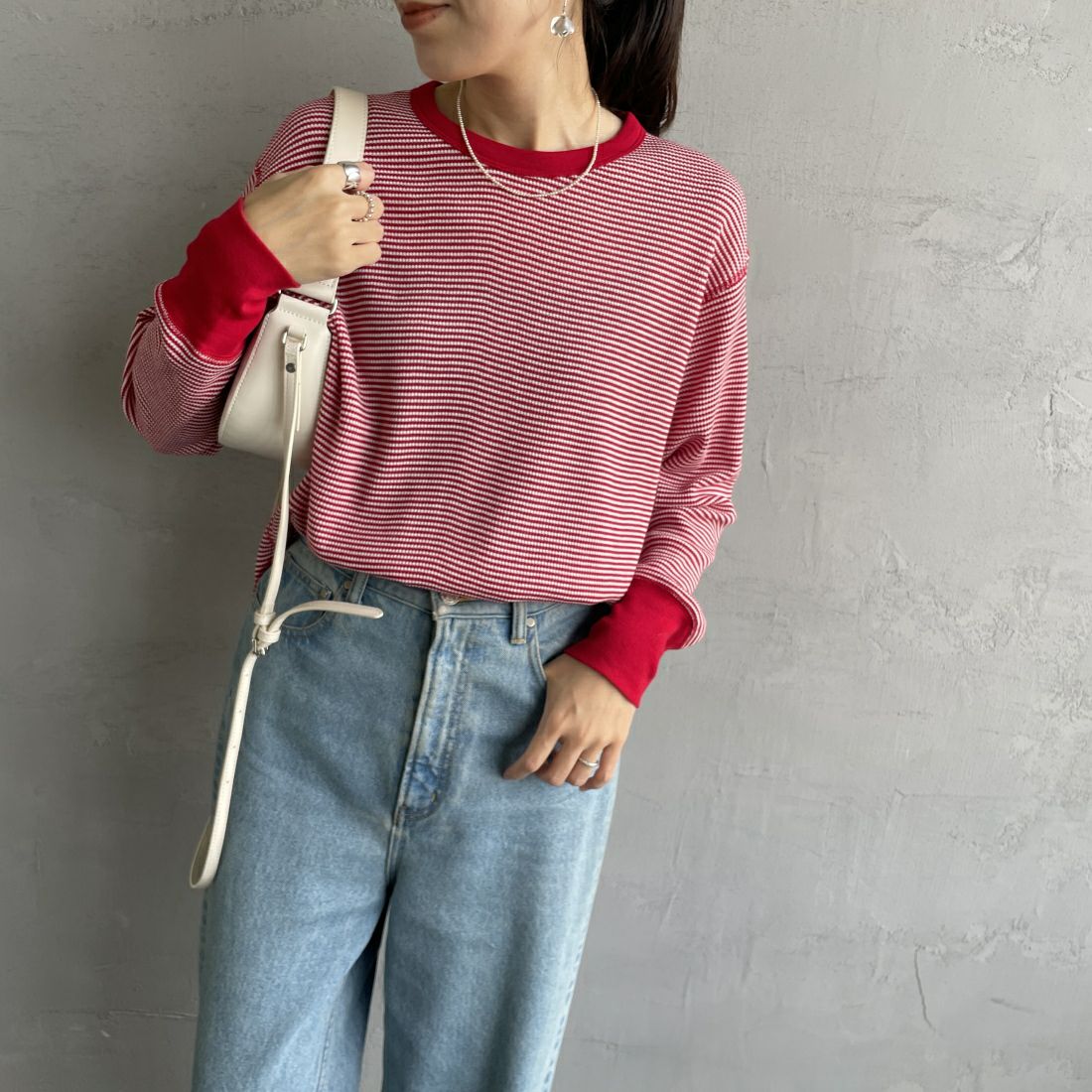 Health knit [ヘルスニット] 別注 クルーネック ワッフルボーダーカットソー [HR24F-L021IN-JF] RED/OFF BD &&モデル身長：160cm 着用サイズ：F&&