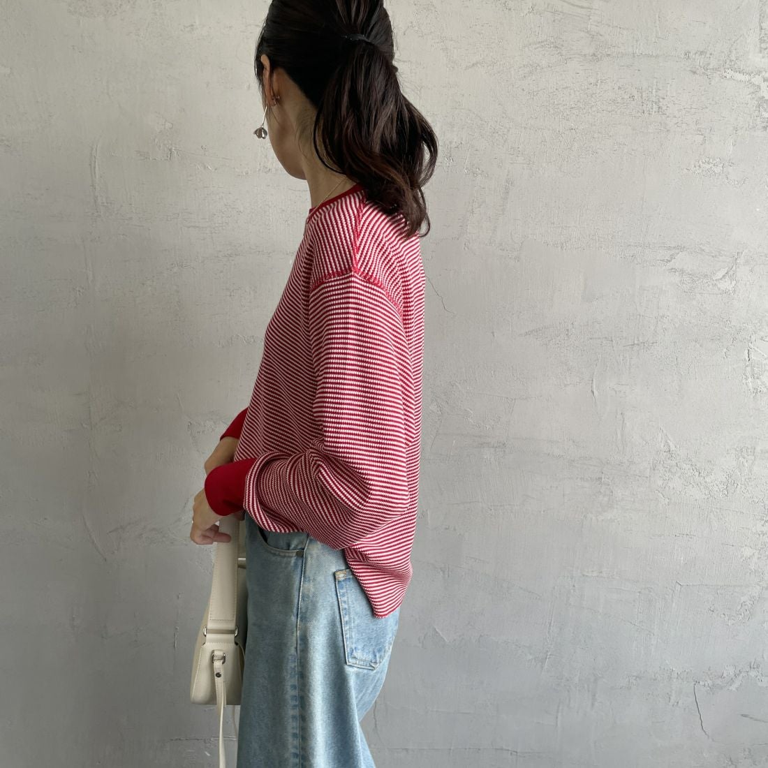 Health knit [ヘルスニット] 別注 クルーネック ワッフルボーダーカットソー [HR24F-L021IN-JF] RED/OFF BD &&モデル身長：160cm 着用サイズ：F&&