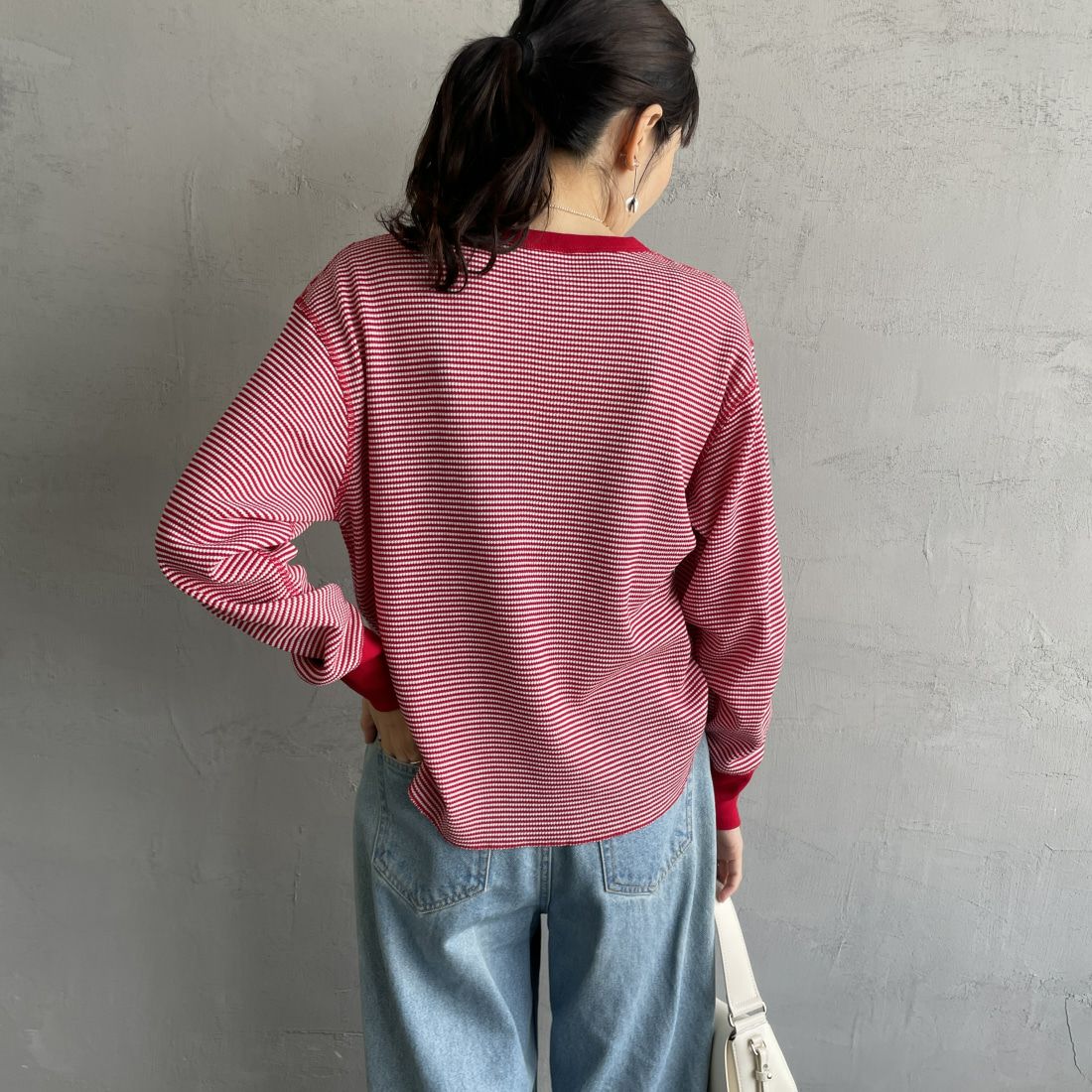 Health knit [ヘルスニット] 別注 クルーネック ワッフルボーダーカットソー [HR24F-L021IN-JF] RED/OFF BD &&モデル身長：160cm 着用サイズ：F&&