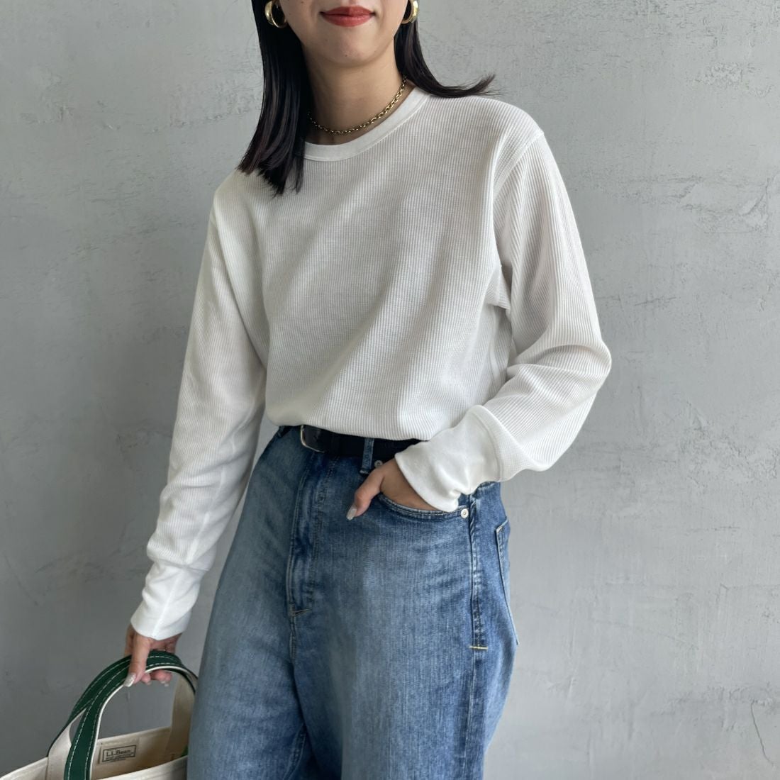 Health knit [ヘルスニット] 別注 クルーネック ワッフルボーダーカットソー [HR24F-L021IN-JF] WHITE &&モデル身長：163cm 着用サイズ：F&&