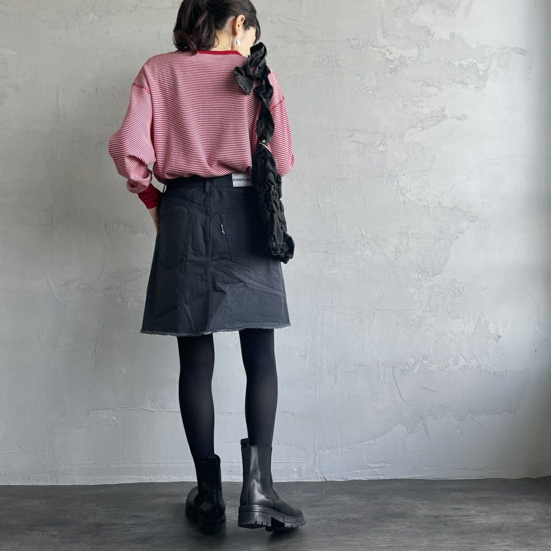 Health knit [ヘルスニット] 別注 ヘンリーネック ワッフルボーダーカットソー [HR2302L005IN-JF] RED/OFF &&モデル身長：160cm 着用サイズ：F&&