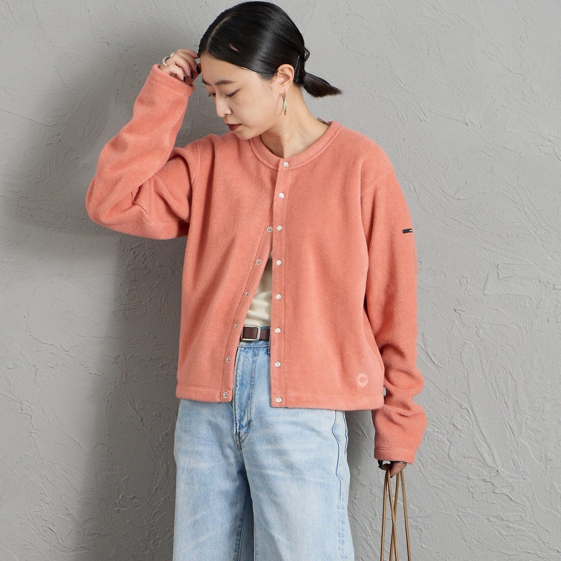 ORCIVAL [オーシバル] クルーネック フリースカーディガン [OR-C0378EFC] PINK &&モデル身長：150cm 着用サイズ：2&&