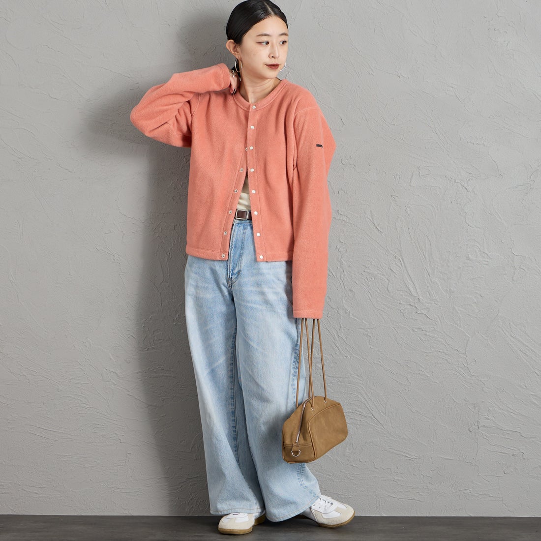 ORCIVAL [オーシバル] クルーネック フリースカーディガン [OR-C0378EFC] PINK &&モデル身長：150cm 着用サイズ：2&&