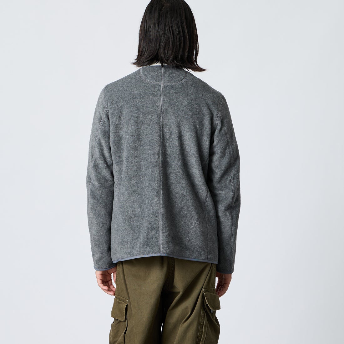 DANTON [ダントン] ノーカラーフリースカーディガン [JD-8939] DK.GREY &&モデル身長：175cm 着用サイズ：40&&