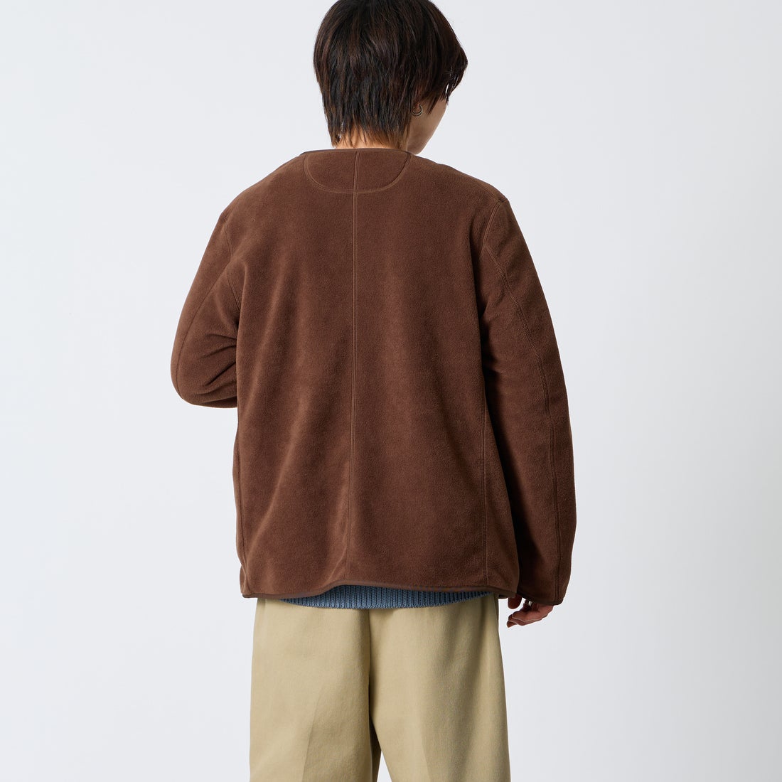 DANTON [ダントン] ノーカラーフリースカーディガン [JD-8939] CHOCOLATE &&モデル身長：177cm 着用サイズ：44&&