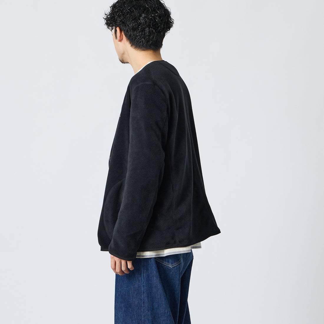 DANTON [ダントン] ノーカラーフリースカーディガン [JD-8939] BLACK &&モデル身長：168cm 着用サイズ：40&&