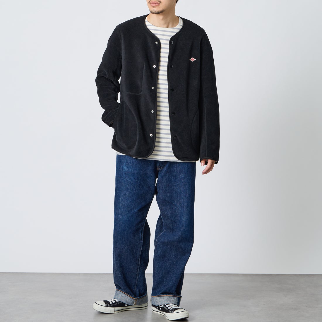 DANTON [ダントン] ノーカラーフリースカーディガン [JD-8939] BLACK &&モデル身長：168cm 着用サイズ：40&&
