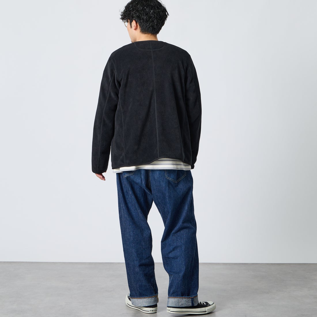 DANTON [ダントン] ノーカラーフリースカーディガン [JD-8939] BLACK &&モデル身長：168cm 着用サイズ：40&&