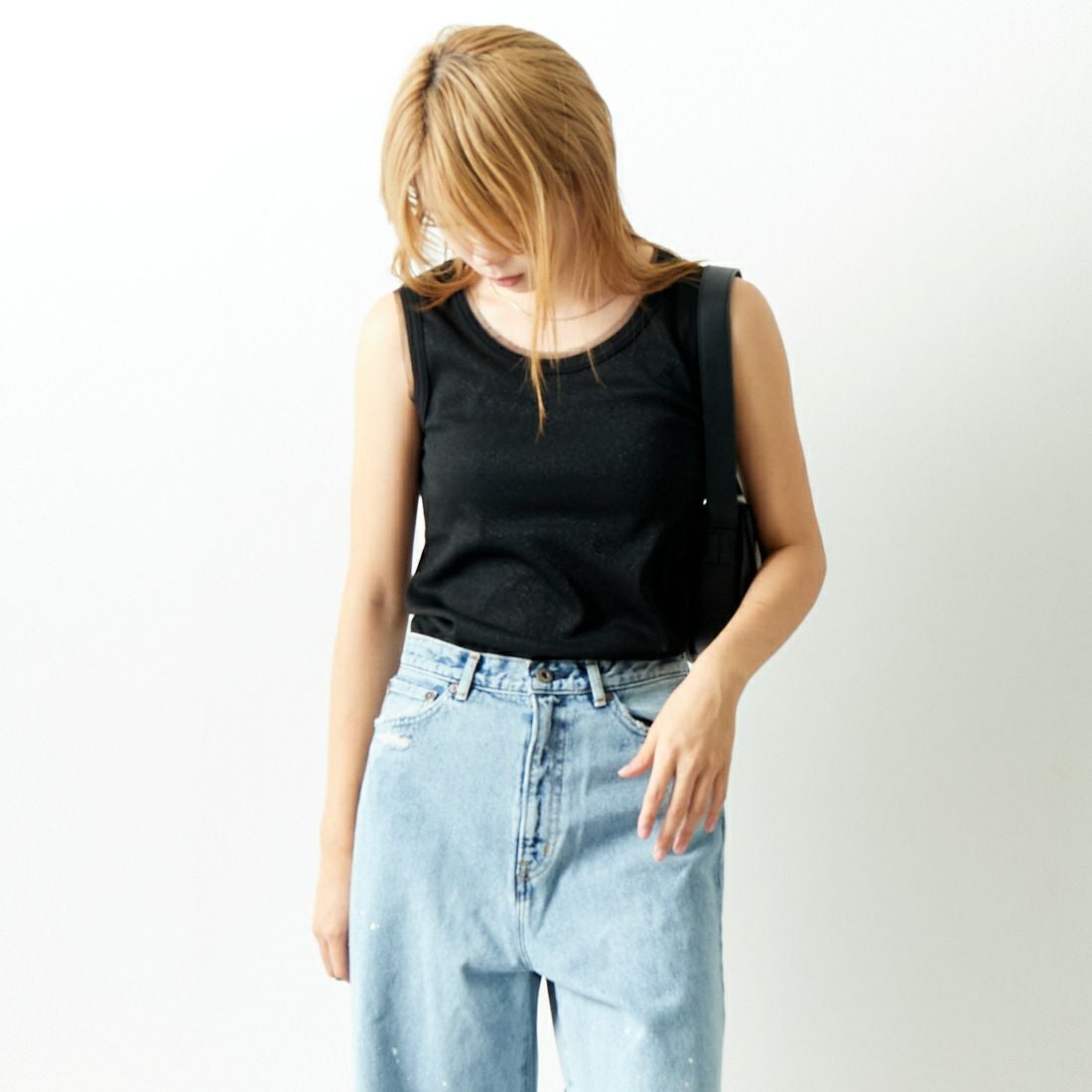 Jf Ready Made [ジェイエフレディメイド] ラメリブタンクトップ [8920622-06] 03 ﾌﾞﾗｯｸ &&モデル身長：179cm 着用サイズ：F&&