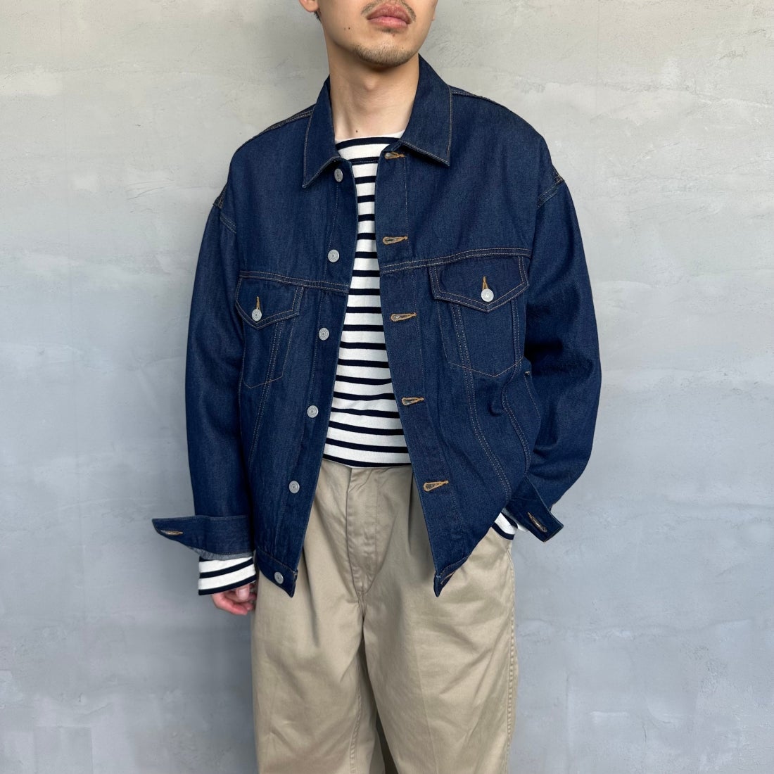 Noir Fabrik [ヌワールファブリック] デニムトラッカージャケット [NF-243-064] ONE WASH&&モデル身長：168cm 着用サイズ：M&&