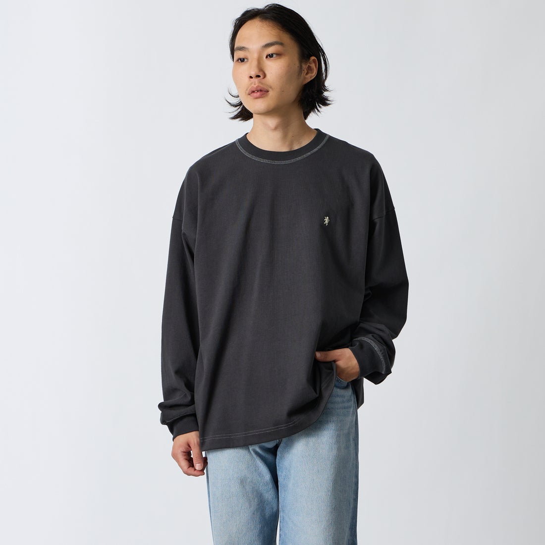 Gymphlex [ジムフレックス] ヘビーウェイトジャージー ロングスリーブTシャツ [GY-C0389HWJ] COAL GREY &&モデル身長：175cm 着用サイズ：L&&