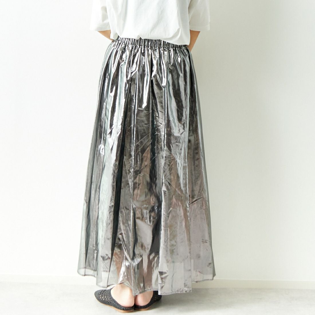 Jeans Factory Clothes [ジーンズファクトリークローズ] メタリックシフォンフレアスカート [7441337] BLACK &&モデル身長：167cm 着用サイズ：F&&