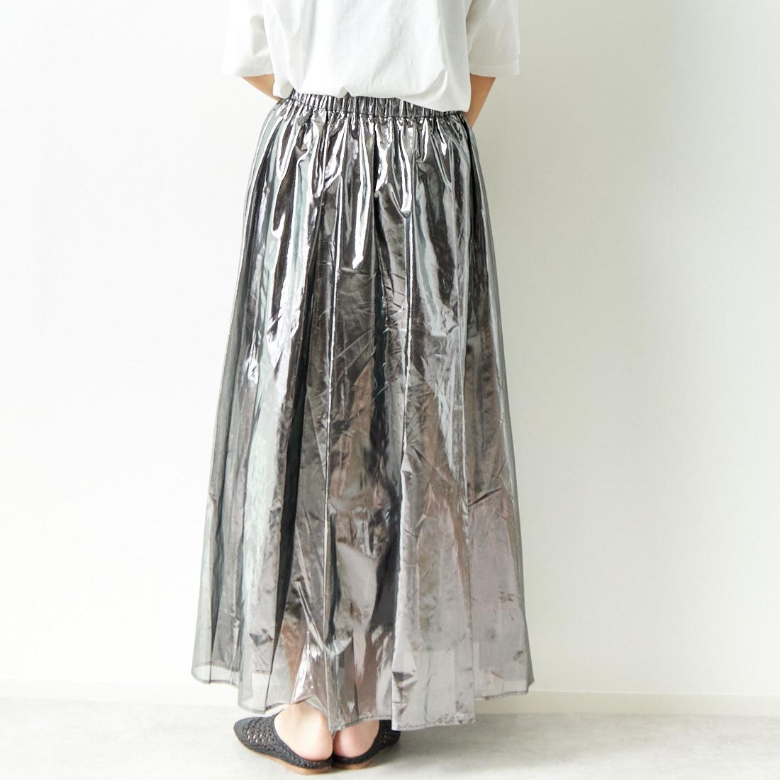 Jeans Factory Clothes [ジーンズファクトリークローズ] メタリックシフォンフレアスカート [7441337] BLACK &&モデル身長：167cm 着用サイズ：F&&