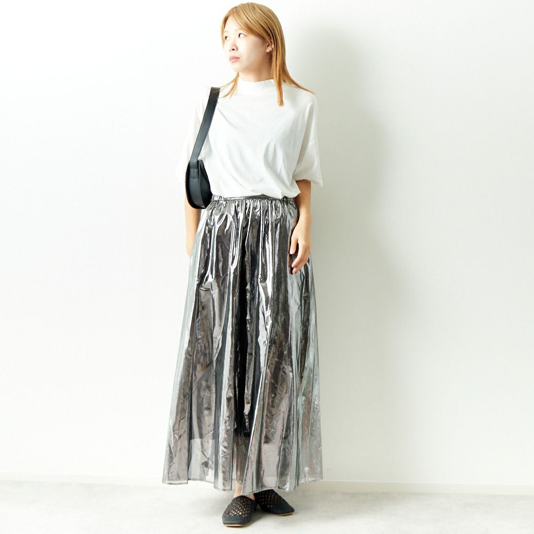 Jeans Factory Clothes [ジーンズファクトリークローズ] メタリックシフォンフレアスカート [7441337] BLACK &&モデル身長：167cm 着用サイズ：F&&