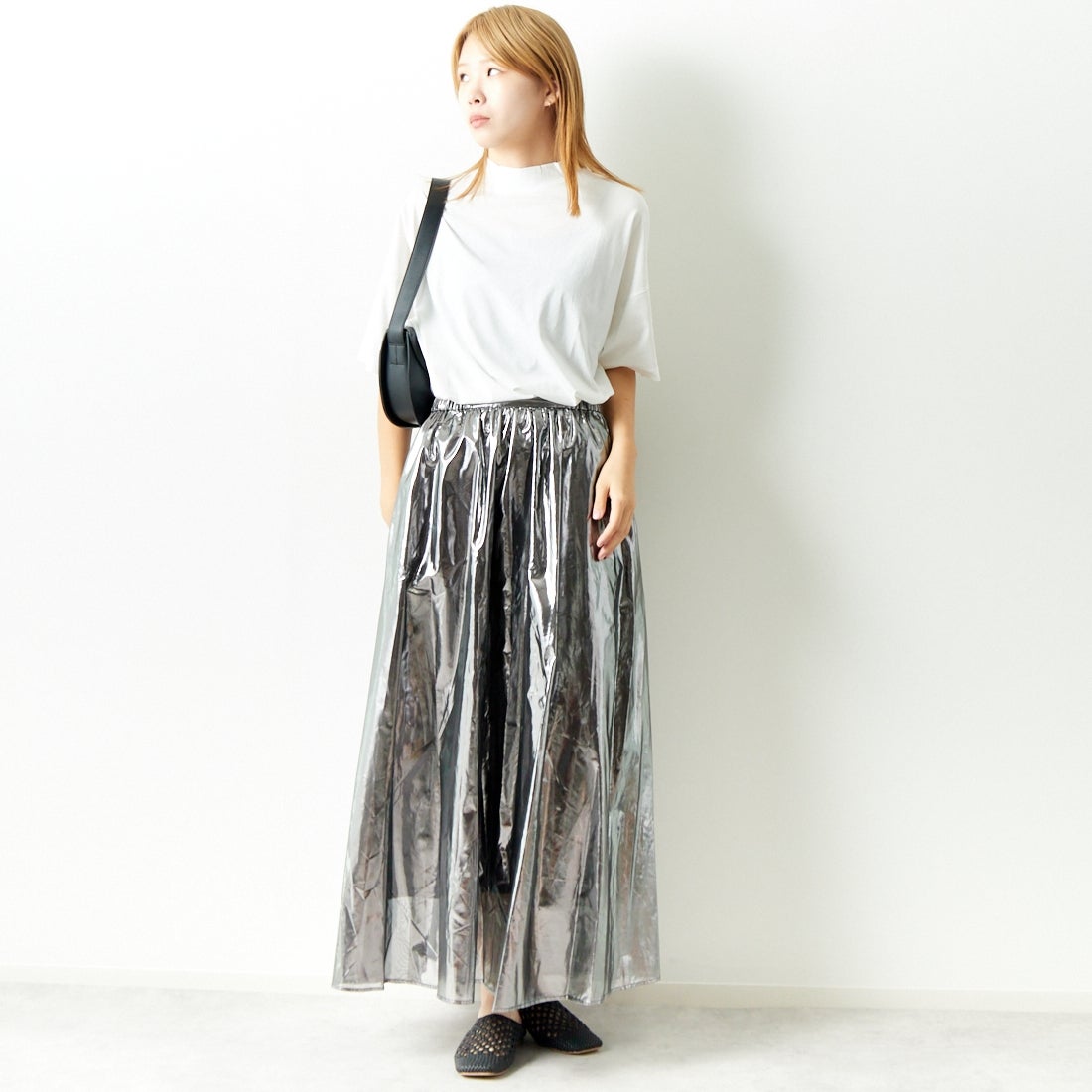 Jeans Factory Clothes [ジーンズファクトリークローズ] メタリックシフォンフレアスカート [7441337] BLACK &&モデル身長：167cm 着用サイズ：F&&