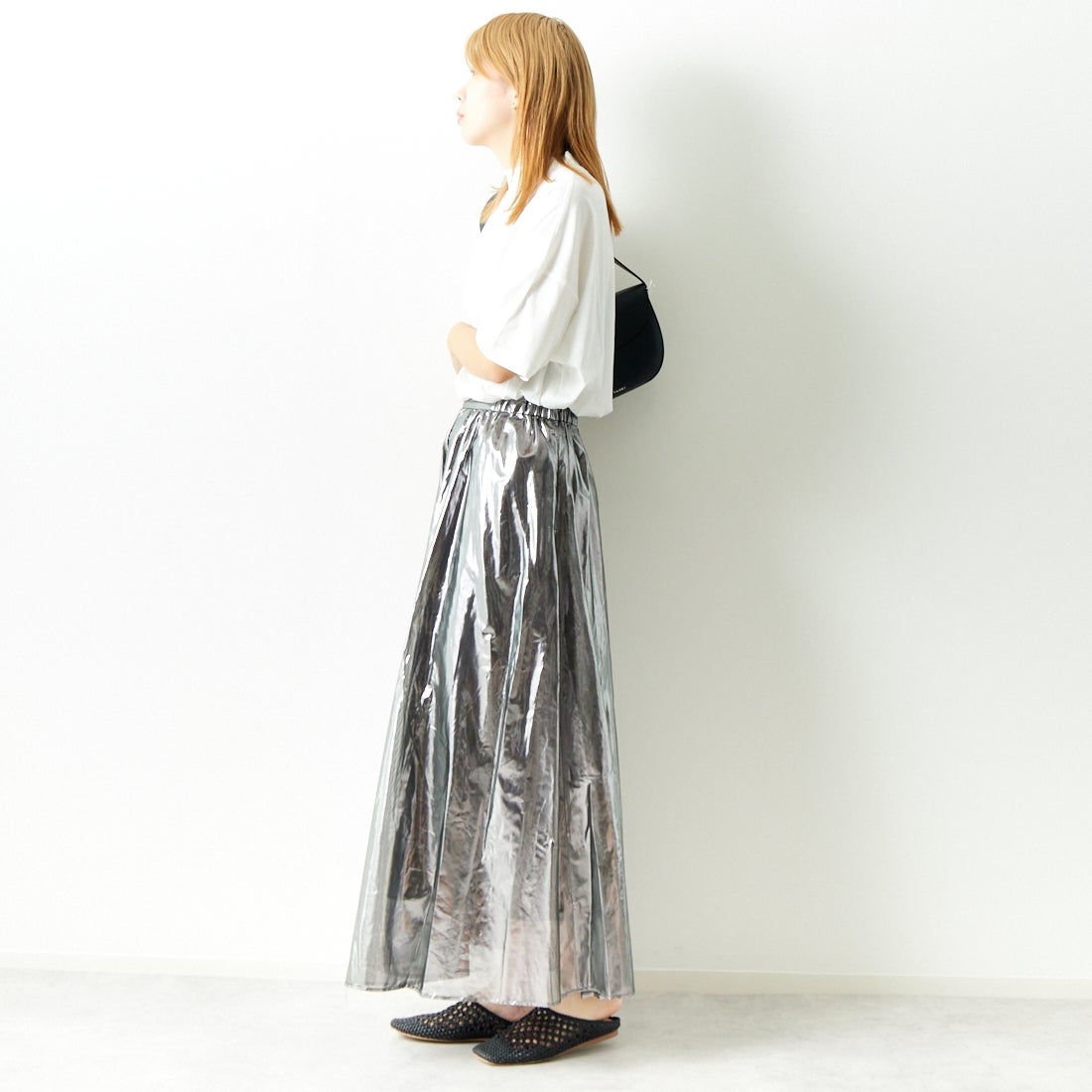 Jeans Factory Clothes [ジーンズファクトリークローズ] メタリックシフォンフレアスカート [7441337] BLACK &&モデル身長：167cm 着用サイズ：F&&