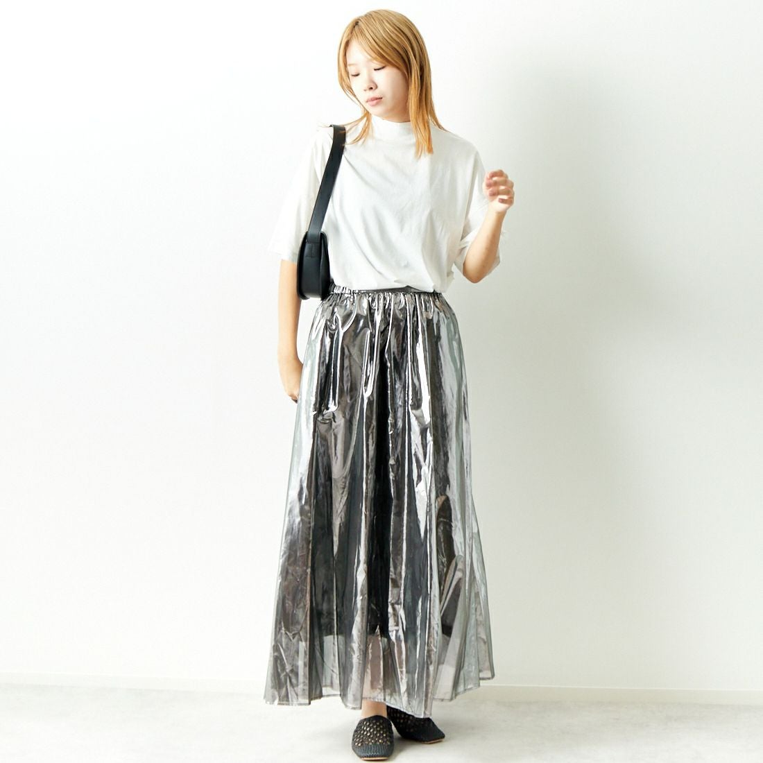 Jeans Factory Clothes [ジーンズファクトリークローズ] メタリックシフォンフレアスカート [7441337] BLACK &&モデル身長：167cm 着用サイズ：F&&