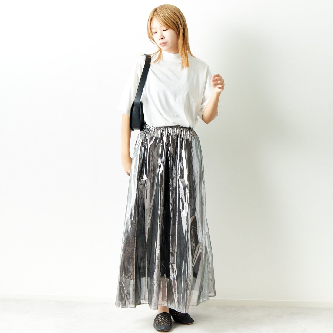 Jeans Factory Clothes [ジーンズファクトリークローズ] メタリックシフォンフレアスカート [7441337] BLACK &&モデル身長：167cm 着用サイズ：F&&