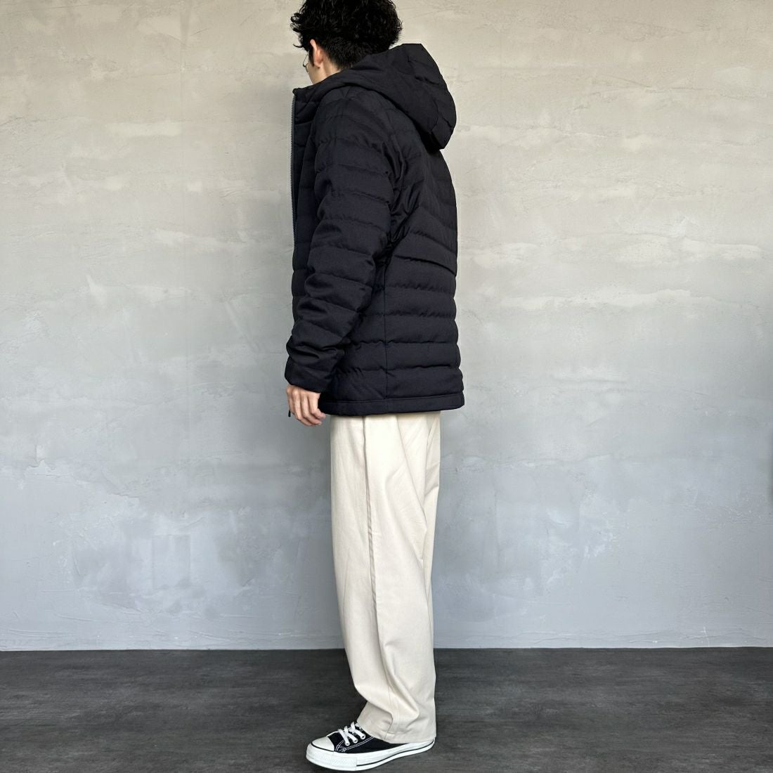 DANTON [ダントン] ウールライクポリエステル フードダウンジャケット [DT-A0187PWL] NAVY &&モデル身長：168cm 着用サイズ：L&&