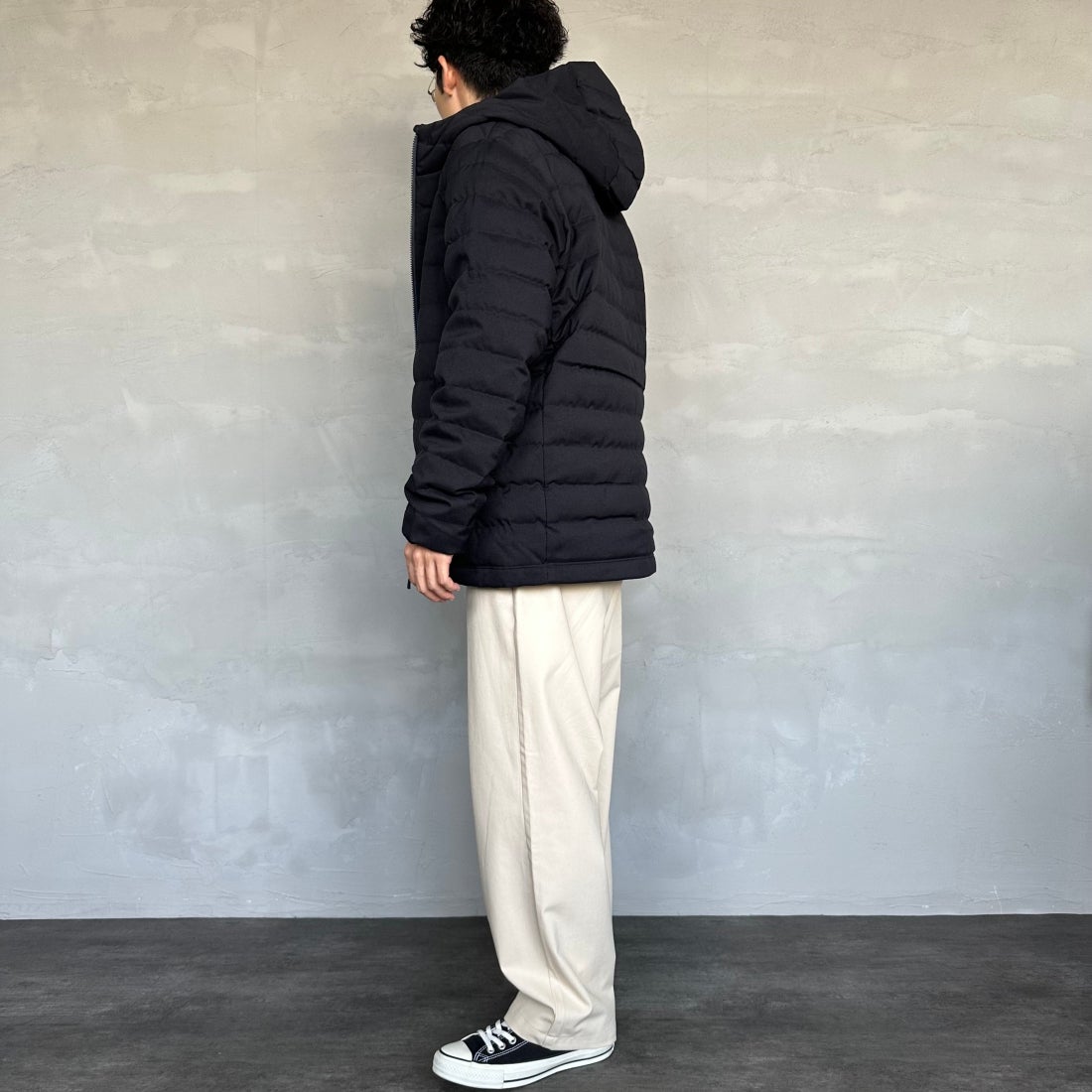 DANTON [ダントン] ウールライクポリエステル フードダウンジャケット [DT-A0187PWL] NAVY &&モデル身長：168cm 着用サイズ：L&&